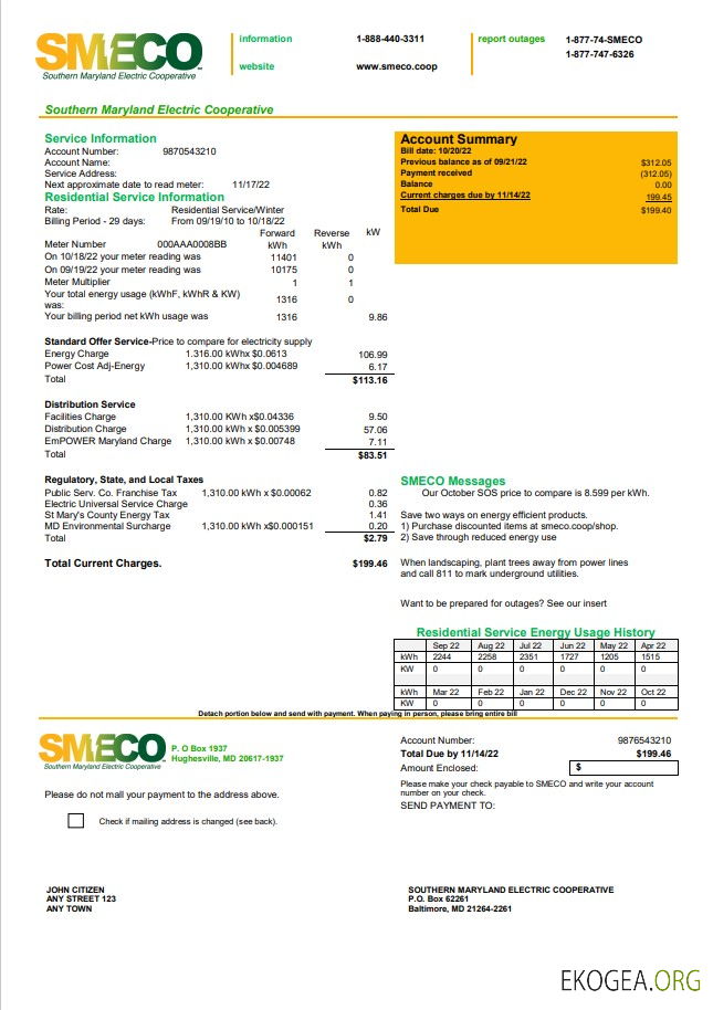 USA Maryland SMECO utility bill template in Word and PDF format